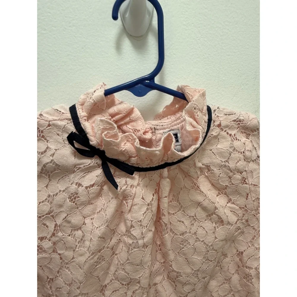 Janie and Jack Girls Pink Floral Lace Ruffle Neck Dress Navy Bow Size 6